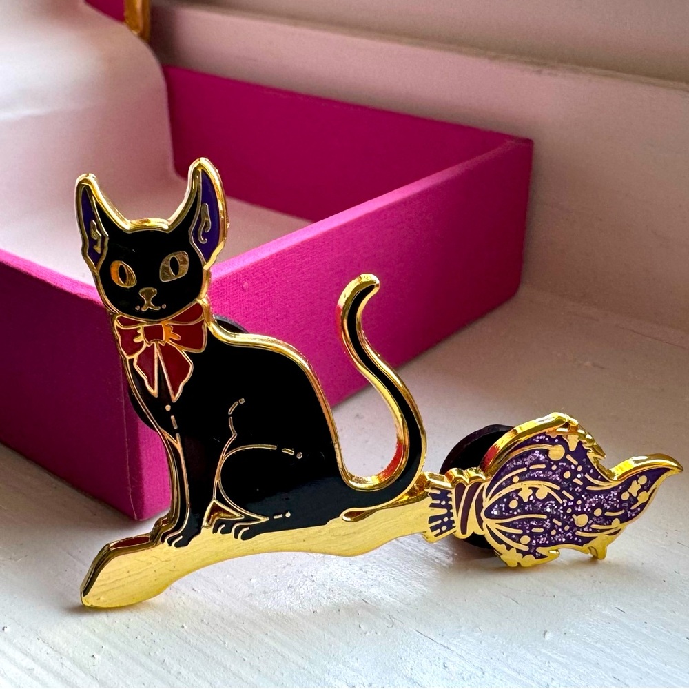 Witch black Cat on witches broom enamel pin Witches Halloween pin